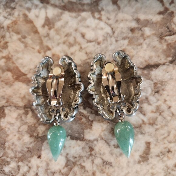 Vintage BOHO & Drop Jade Clip-On Earrings 2" Long - Picture 2 of 2